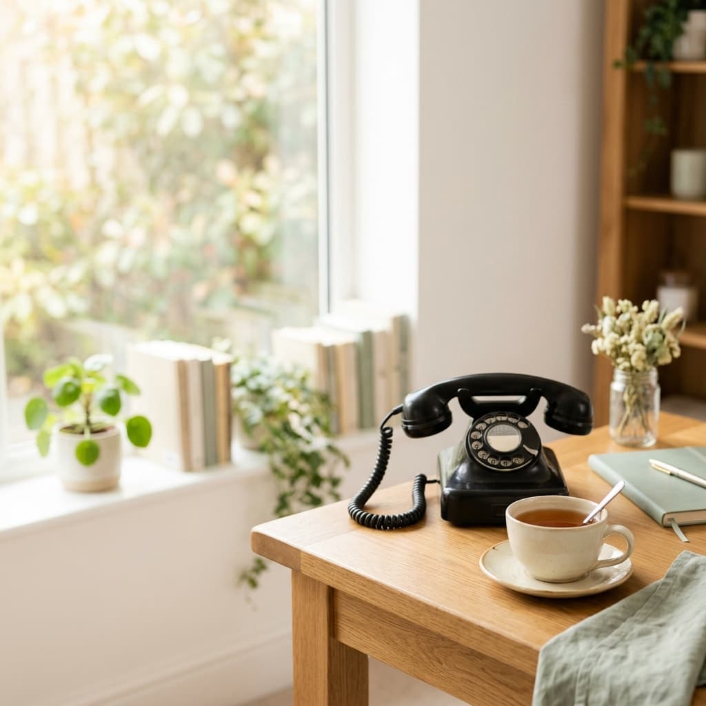 Uitnodigende werkplek met thee en telefoon in warm licht