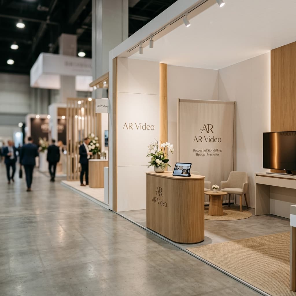 Professionele beursstand van AR Video op een uitvaartbeurs