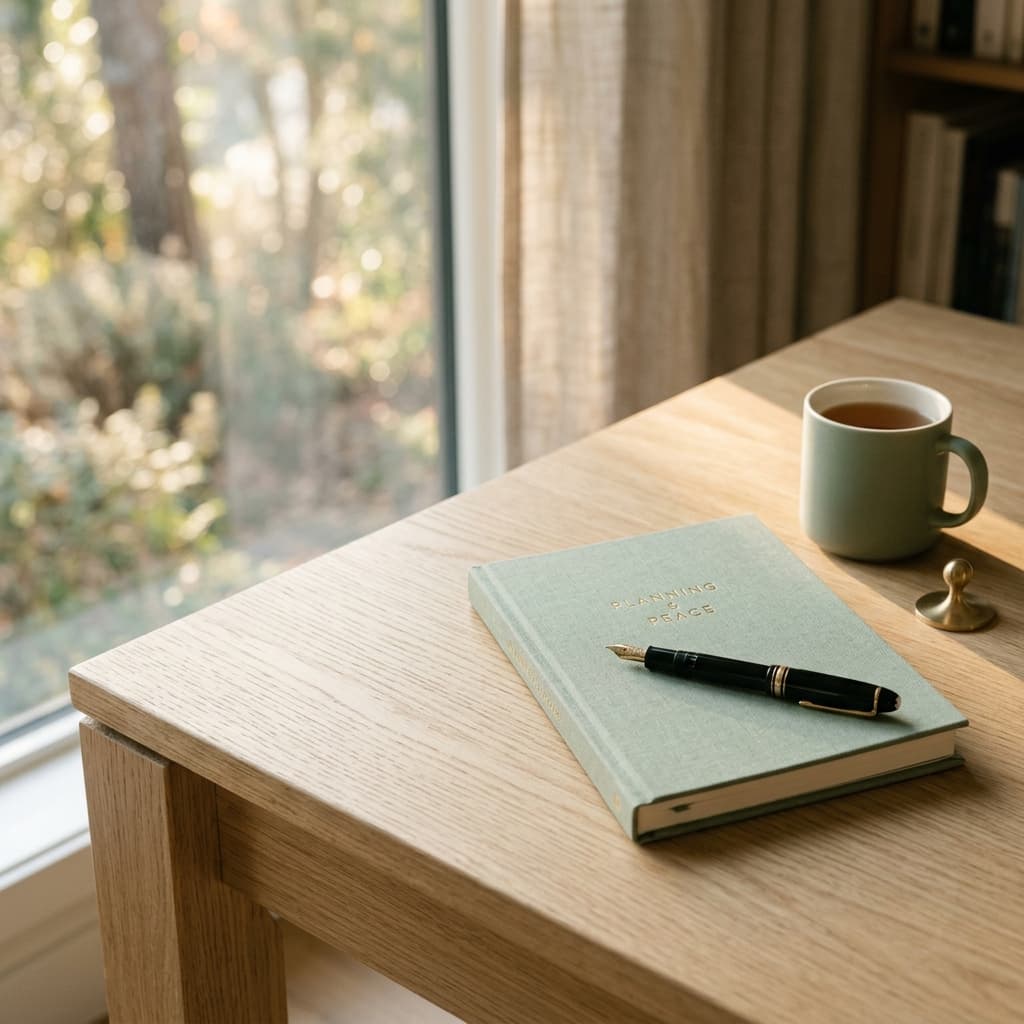 Elegant notitieboek en pen in warm ochtendlicht