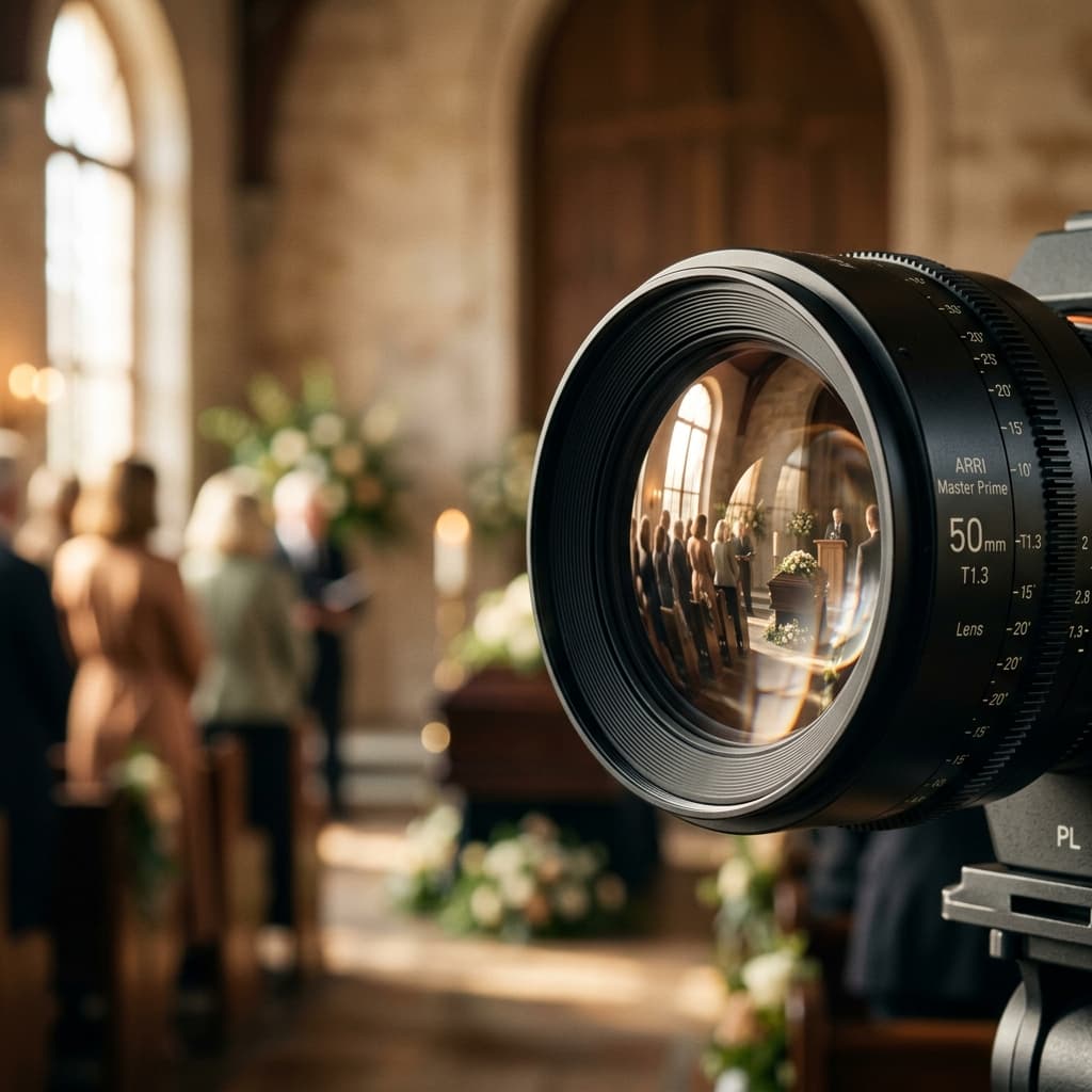 Close-up van een cameralens met sfeervolle reflectie van een ceremonie