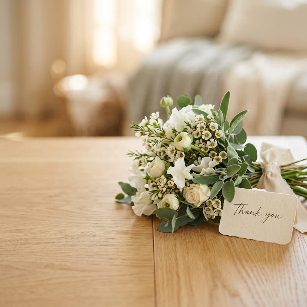 Handgeschreven bedankkaartje bij een boeket witte bloemen